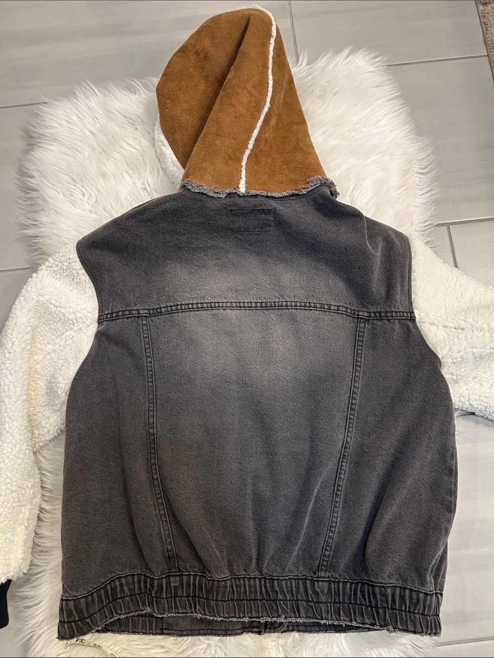 We The Free People Cozy Track Jacket Denim Sherpa Mixed Media Hooded - Picture 4 of 5